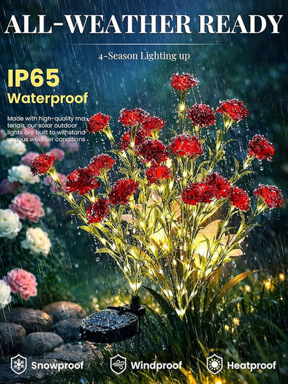 GIGALUMI Solar Lights Outdoor for Garden Decor, 4 Pack Solar Flower Lights Waterproof, 2 Lighting Modes 28 Carnation Flowers for Pathway,Yard, Patio Decoration, Gardening Gifts for Women (Red)