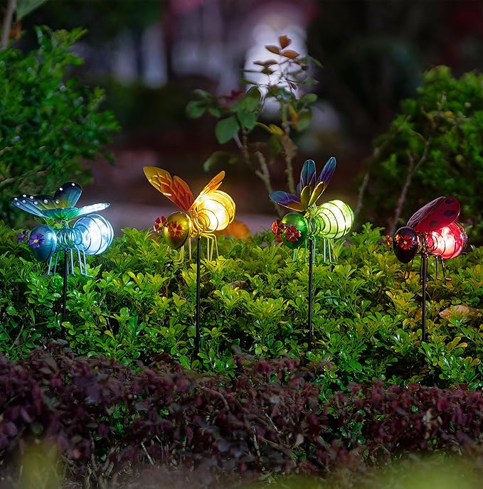 Insects Solar Garden Lights, 22.4" H Butterfly & Bee & Dragonfly & Ladybug Solar Stake Light, 4 Pcs Outdoor Statues | Lumora