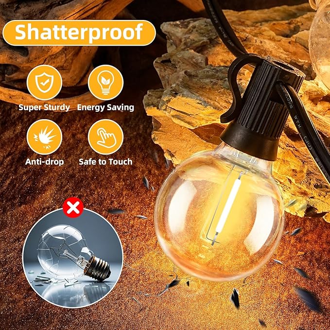 100FT G40 LED Outdoor String Lights with 50 Shatterproof Bulbs + 2 Spares, E12 Socket, 2700K Warm White | Lumora