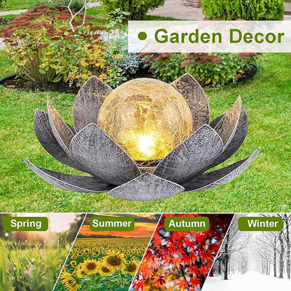 Ragyzity Lotus Solar Lights Outdoor, Bright Lotus Flower Table Lamp, Art Crackle Globe Glass Lotus Decoration, Waterproof Led Metal Flower Light Garden Table Decor for Patio Porch Pathway Lawn Pond