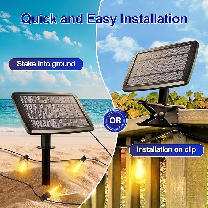 Stright 55FT Solar String Lights Outside Waterproof Remote Control with USB Charging Port Dimmable E12 S14 Bulbs, 55 Feet 15 Lamp Outdoor Solar Power LED Bulbs for Patio Garden Market Bistro Backyard