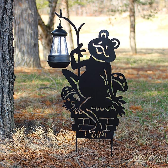 Frogs w/Lamp Solar Garden Stakes (2-Pack); Set of 2 Lawn Ornament Metal Silhouettes with Solar-Rechargeable Lanterns