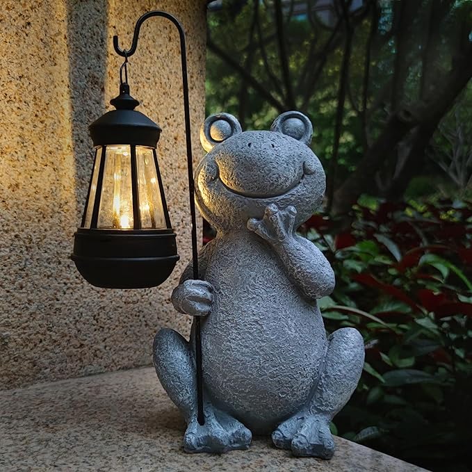 Frog Solar Garden Statues,Resin Frog Figurine Decorations with Solar Lights Lantern, Outdoor Figurines Lawn Garden | Lumora