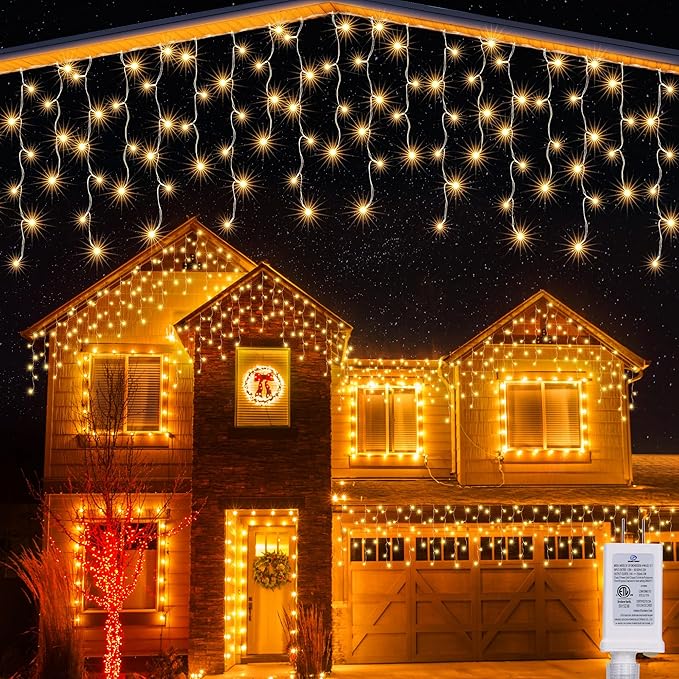 Joomer Christmas Icicle Lights - 66FT String Lights Outdoor Waterproof, 8 Modes Timer Connectable Plug-in String Light for Eaves, Roofs, Christmas Decorations (Warm White, Non-Connectable)
