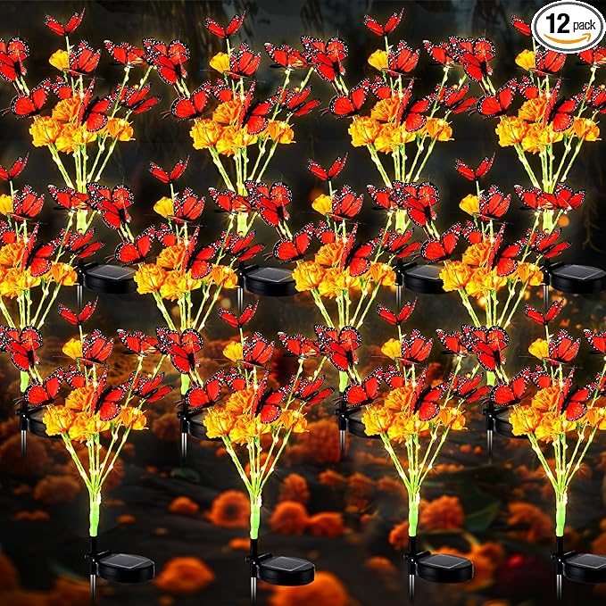 Riakrum 12 Pack Dia De Los Muertos Outdoor Decorations, Solar Marigold Lights with Monarch Butterflies Garden | Lumora
