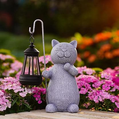 Qeeman Solar Cat for Garden Decor: Weatherproof Resin Statues with Lantern for Outdoor Outside Yard Pathway Patio Porch Balcony Decorations - Gifts for Mom Grandma Cat Lovers