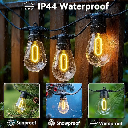 LED Outdoor String Lights, 50FT Patio Lights with 16Pcs Shatterproof S14 Bulb(1 Spare),4 Lighting Mode, Connectable, Waterproof Warm White Edison Plastic Bulb Hanging Light for Yard Gazebo Porch Décor