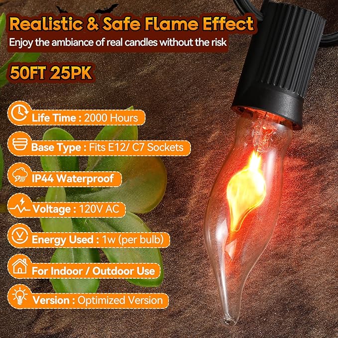 50Ft Extra-Long Fall & Halloween String Lights,25 C18 Flicker Flame Bulbs for Outdoor Decor,Waterproof & | Lumora
