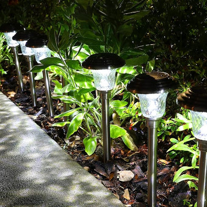 Morvat LED Solar Powered Outdoor Landscape Path Lights with Stainless Steel & Glass Lens, Up to 8 Hours Lighting for Garden Lawn Yard Walkway & Pathway, Waterproof, Dusk to Dawn, White Light, 8 Pack