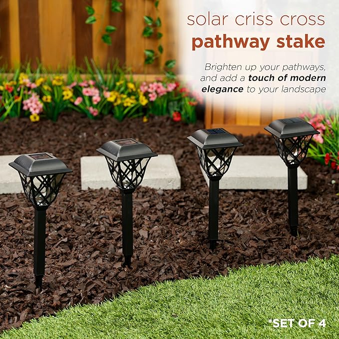 Alpine Corporation 16"H Solar Criss Cross Pathway LED Lights, Weather-Resistant Dusk and Dawn Automatic Light Sensor for Garden Landscapes, Black, Set of 4