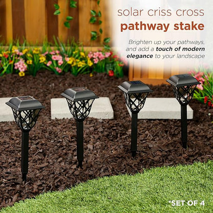 Alpine Corporation 16"H Solar Criss Cross Pathway LED Lights, Weather-Resistant Dusk and Dawn Automatic Light Sensor for Garden Landscapes, Black, Set of 4