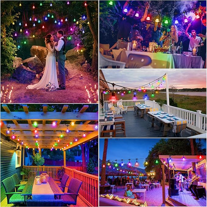 2-Pack Each 48FT Outdoor RGB Patio Lights, Cafe LED String Lights with 30+5 E26 Shatterproof Waterproof Bulbs, Christmas Colorful Dimmable String Lights for Bistro Backyard Garden, 3 Remotes, 96 FT