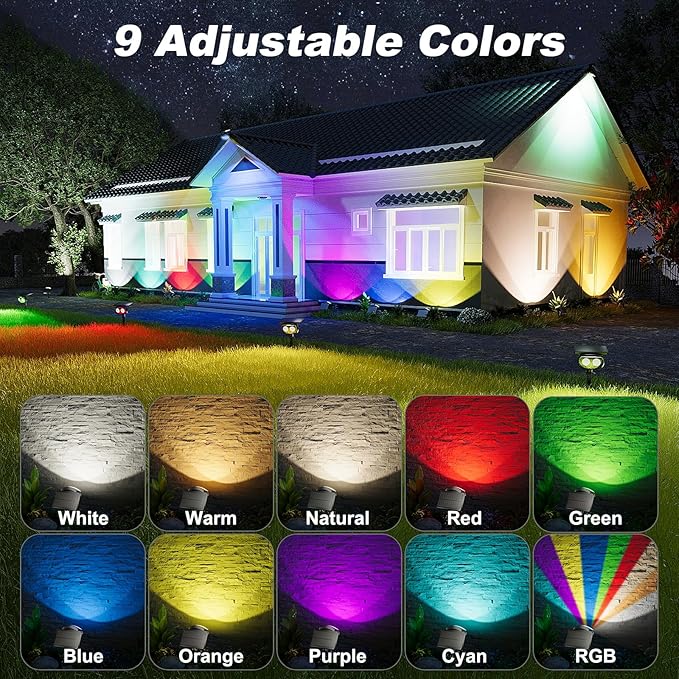 Solar Spot Lights Outdoor Waterproof IP68, 1000LM Super Bright LED Landscape Lighting with 9 Colors 3 Brightness | Lumora