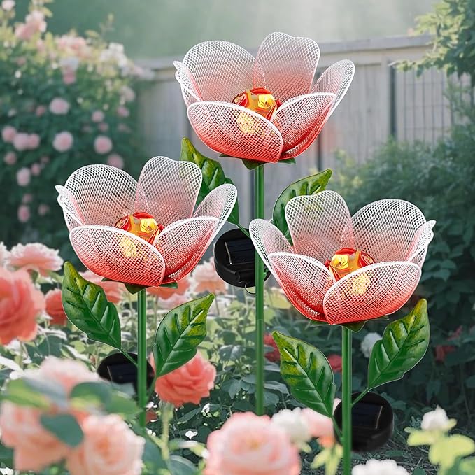 Solar Garden Lights,2 Pack Solar Metal Flowers with Breathing Light,Yard Pathway Lights Outdoor Solar Powered,Outside Lights for Yard Garden Outdoor Pathway Decor