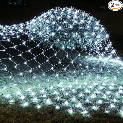 2 PACK Battery Operated Net Lights - Outdoor Waterproof Garden Light, 200 LED Tree String Light with 8 Modes, Mesh Curtain Lights for Garden Patio Yard Christmas Party Tree and Holiday Decor(White )