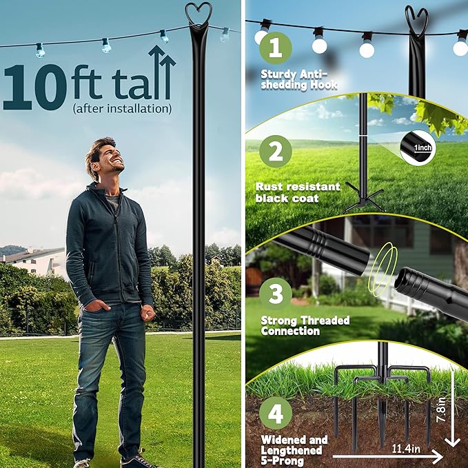 Ottsuls String Light Poles with 5 Fork, 2 Pack 10Ft Light Poles for Outside, Light Stands for Outdoor Use, Ideal | Lumora