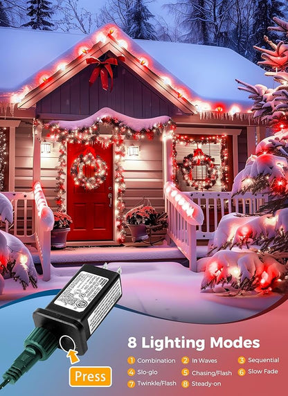 C9 Christmas Lights Outdoor Waterproof, 114 Feet 150 LED C9 String Light with Timer & 8 Light Mode, Connectable Christmas Tree Lights for House Outside Roofline Indoor Decoration, Red & Pure White