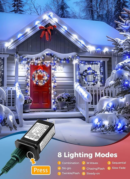 C9 Christmas Lights Outdoor Waterproof, 114 Feet 150 LED C9 String Light with Timer & 8 Light Modes, Connectable Christmas Tree Lights for House Outside Roofline Indoor Decoration, Blue & Pure White