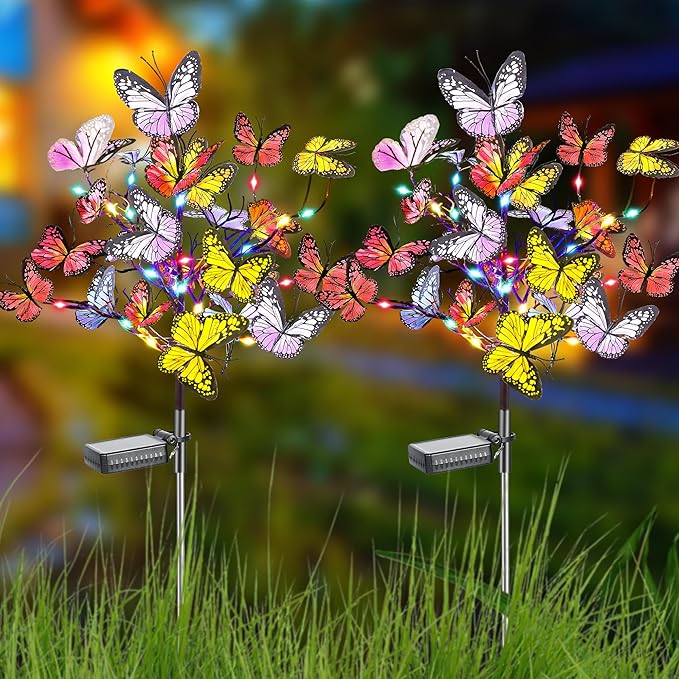 Admitrack 2 Pack Solar Garden Lights Outdoor Solar Butterfly Lights,Solar Outdoor Waterproof Solar Powered Lights, Solar Outdoor Decor Light for Landscape, Pathway, Yard (Colorful Light)