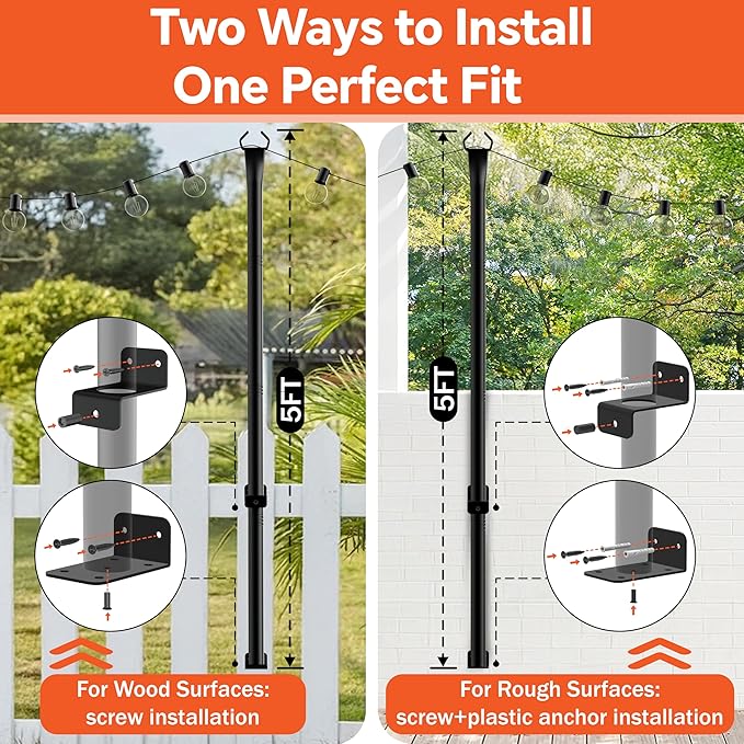 6 Pack String Light Poles, 5 Ft Light Poles for Outside, Thickened Metal Poles for Outdoor String Lights, Light | Lumora