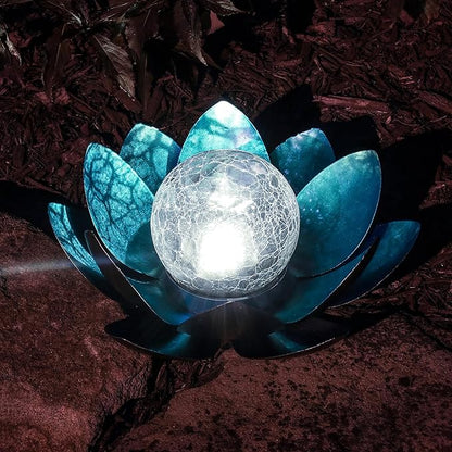 MCSLOTUS-B Blue Lotus Flower Solar LED Garden Light with Crackled Glass Globe – Waterproof Metal Outdoor Décor