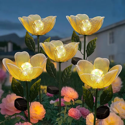 Solar Garden Lights,2 Pack Solar Metal Flowers with Breathing Light,Yard Pathway Lights Outdoor Solar Powered,Outside Lights for Yard Garden Outdoor Pathway Decor