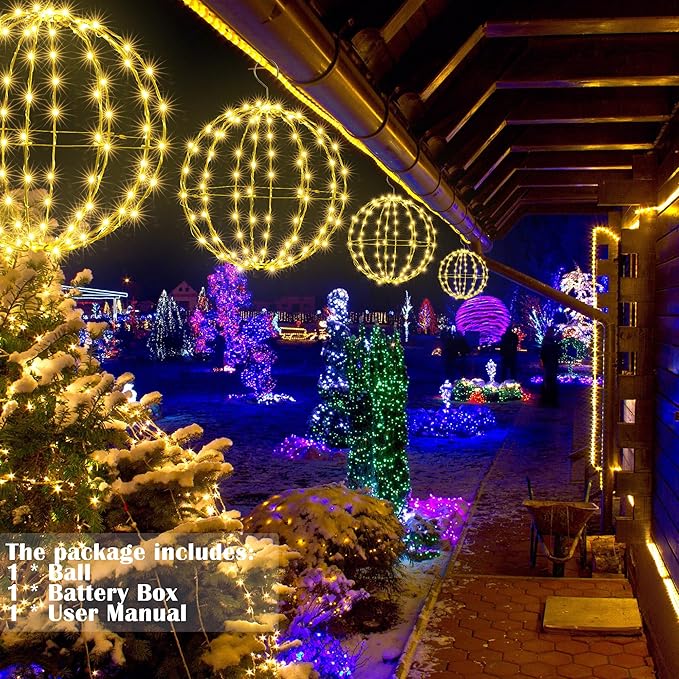 Joomer Battery Operated Ball Lights 2Pack, 13IN & 11IN 120 LED Foldable Metal Sphere Lights - Outdoor String Light | Lumora