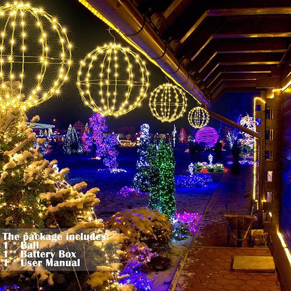 Joomer Battery Operated Ball Lights 2Pack, 13IN & 11IN 120 LED Foldable Metal Sphere Lights, Waterproof 8 Lighting Modes with Timer Function, Hanging Light for Christmas Decorations (Warm White)