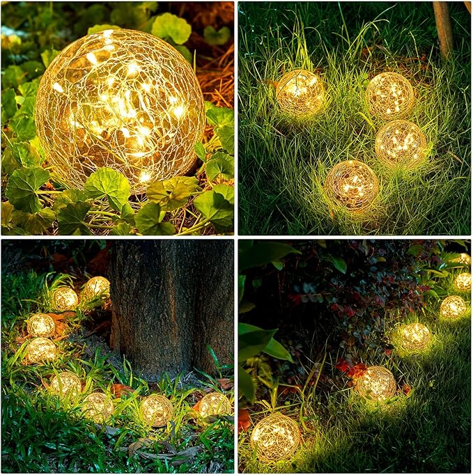 Honoson Solar Globe Lights Outdoor - Waterproof Cracked Glass Balls for Garden, Patio, Lawn & Yard, Warm White Solar LED Lights with Easy Installation & Durable Design(3.9 Inch,6 Pieces)