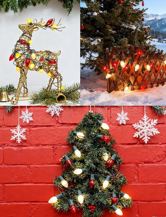 C9 Red and White Christmas String Lights 25Ft C9 Outdoor Christmas Decorations Lights with 26 Red Frosted White | Lumora