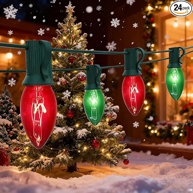 25FT C9 Red & Green Vintage Christmas Lights Outdoor, Waterproof Outdoor Hanging Xmas Lights with 26 Incandescent | Lumora