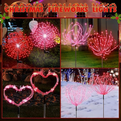 4 Pack Valentines Day Solar Firework Lights 180 LED 8 Lighting Modes Waterproof Solar Lamps Decorative Garden Stake Lights for Valentines Wedding Party Pathway Patio Decor