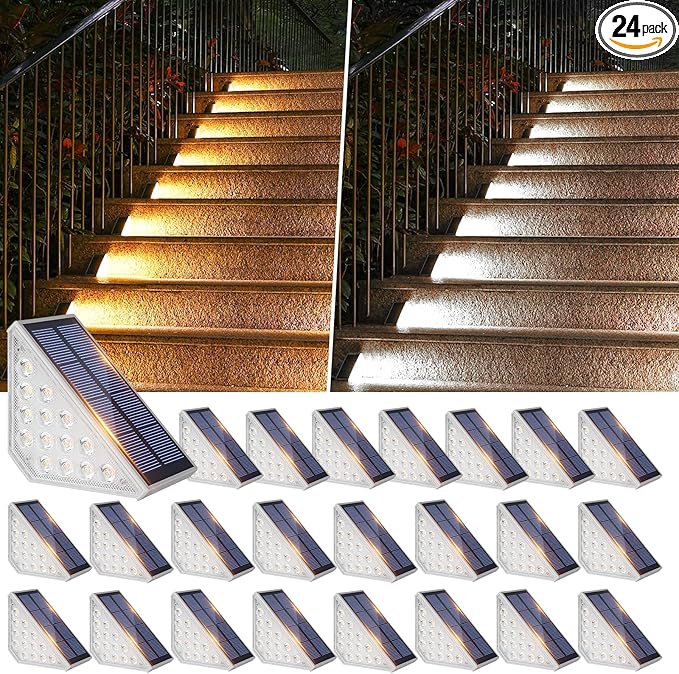 Bosceos 24 Packs LED Solar Step Lights Outdoor Stair Lights Waterproof IP67, Solar Deck Light with Dual Color Options (Warm & Cool White), Outdoor Light Decor for Yard Garden Patio Porch Walkways