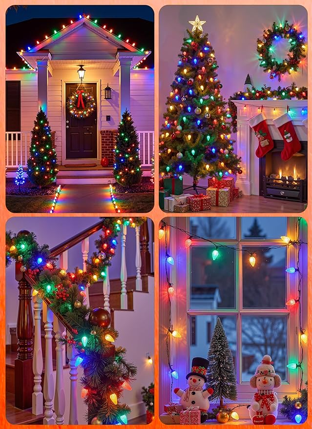 C9 LED Christmas Lights Outdoor, 68Ft 100 LED String Lights with Quick Clips, Commercial Grade Extendable Waterproof Outdoor Christmas Lights for House Outside Roofline Xmas Decorations, Multicolor
