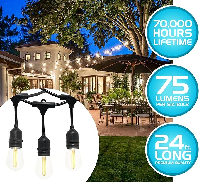 Westgate Lighting 24Ft Indoor/Outdoor Linkable LED String Lights, Commercial Grade with 12 Sockets & LED Bulbs – Bistro, Pergola, Deck, Patio, Market, Cafe, Gazebo, Party Decor