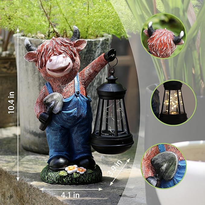 Highland Cow Garden Statue 10.4" with Solar Lantern， Decorative Farm Animal Figurine for Indoor Outdoor Home Patio Yard Lawn Ornament and Gift for Mom