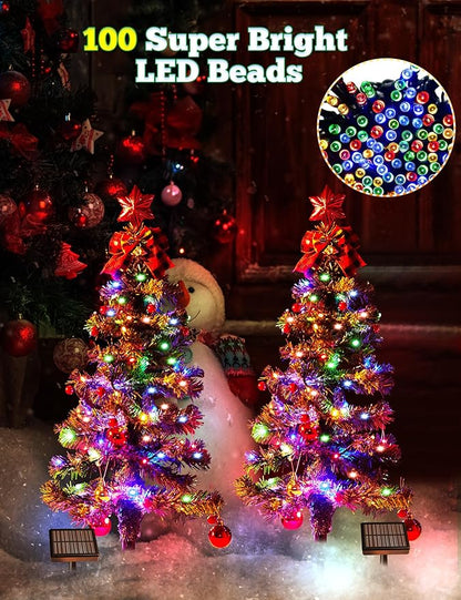 100LED Solar Christmas Tree Lights Outdoor Waterproof, 8 Modes Large Solar Christmas Trees Lights with Xmas Ball & Red Berry, Solar Powered Christmas Decorations for Outside Pathway Garden Yard Decor