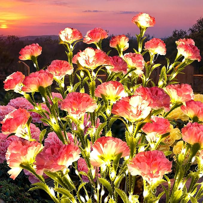 GIGALUMI Solar Lights Outdoor for Garden Decor, 4 Pack Solar Flower Lights Waterproof, 2 Lighting Modes 28 Carnation Flowers for Pathway,Yard, Patio Decoration, Gardening Gifts for Women (Pink)
