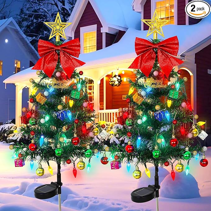LOMOHOO 2 Packs Solar Christmas Tree 35.8in Outdoor Prelit Lighted Christmas Tree 2 Flashing Modes Solar Xmas Trees with 40 LED Lights for Holiday Porch Yard Garden Patio Cemetery Pathway