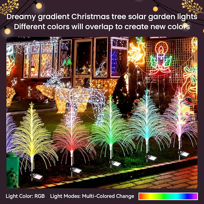 6 Packs Christmas Tree Solar Garden Light with Multi-Colored Change, Auto ON/Off Outdoor Yard Light, Solar Lighting for Garden, Porch, Christmas and Festival Decoration (S_Size)