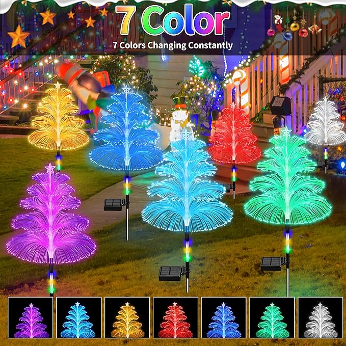 Solar Christmas Decorations Trees Lights Outdoor Waterproof Solar Christmas Tree Jellyfish Lights 5 Layer Optical Fiber 7 Color Changing for Pathway Lawn Patio Outside Decorative, 3PCS