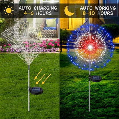 [Upgrade] 4th of July Decorations Outdoor Solar Lights, 2 Pack Solar Powered Firework Lights with 8 Modes Red White Blue LED Lights Patriotic Decorations for Memorial Day Presidents Day Veterans Day