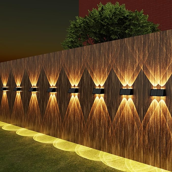 8-Pack Solar Fence Lights, Up & Down Lighting, 50LM/25LM 4 Modes (3000K/6500K), IP65 Waterproof, 1200mAh Battery | Lumora