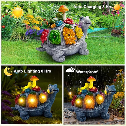 Solar Garden Outdoor Statues Turtle with Succulent and 9 LED Lights - Lawn Decor Tortoise Statue for Patio, Balcony, Yard Ornament - Unique Housewarming Gifts（8.5 Inch）