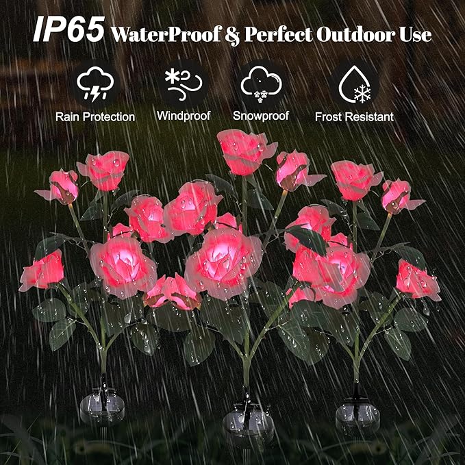 Solar Rose Lights Outdoor, 2 Pack with 14 Rose Flowers Waterproof Color Changing LED Flower Lights, Solar Powered Garden Stakes for Yard, Patio, Pathway Decor - Artificial Floral Decorative Lighting