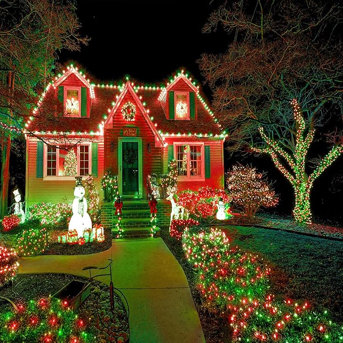 Christmas Lights, 66FT 200 LED Christmas Tree Lights with 8 Modes Waterproof, Plug in Extendable Green Wire Xmas Decorations Light for Indoor House Yard Party Holiday Decor, Red and Green