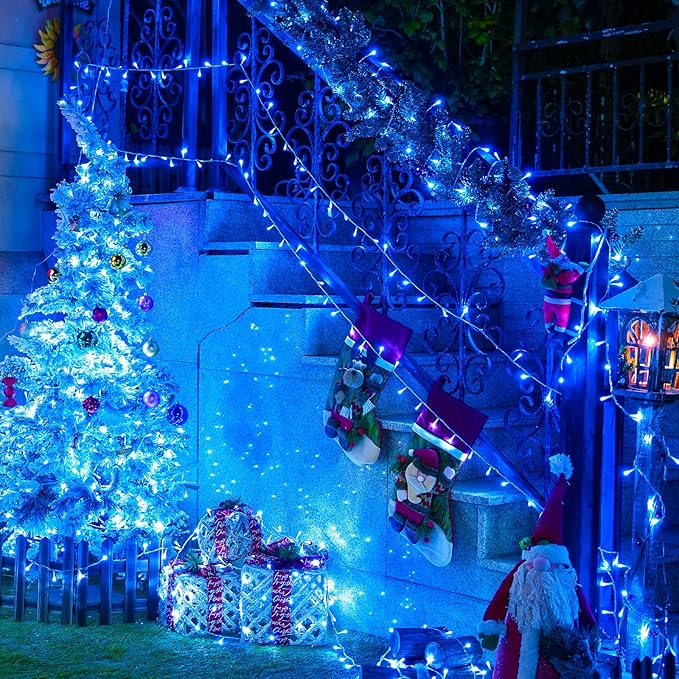JMEXSUSS 150 LED Blue Christmas Lights Indoor Outdoor, Connectable 59 ft String Lights Plug in, 8 Modes Blue Twinkle Fairy Lights for Bedroom Patio Party Tree Christmas Decorations (Pack of 2)