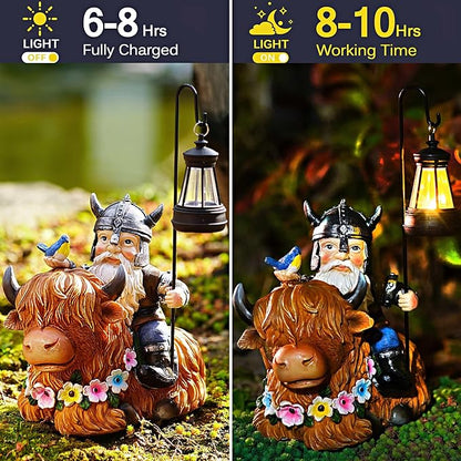 Garden Gnome Outdoor Statue Highland Cow Decor for Yard Patio Lawn Porch Birthday Gifts for Women Men, Mother’s Day, Housewarming with Solar Light Gnome Decor for Outside