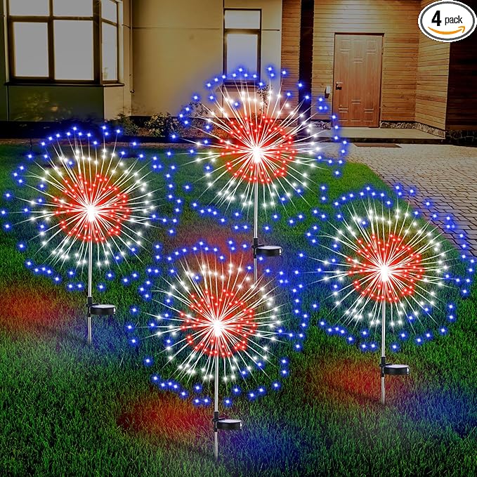 4th of July Decorations Outdoor 4 Pack Colored Solar Firework Lights with 180 LED Patriotic Solar Lights 8 Lighting Modes for Yard Pathway Garden Patio Party Decorations(Red, White, Blue)