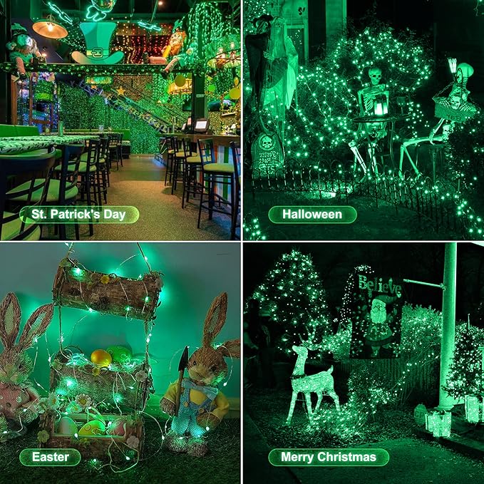 Woohaha 2 Pack 100 LED Solar Green String Lights, 33ft Waterproof Green Solar Fairy Lights for Christmas Tree Party Wedding Halloween St. Patrick's Day Decor